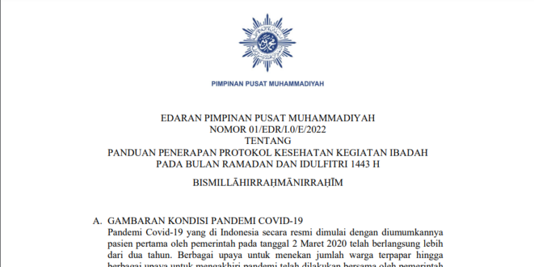Berikut Edaran PP Muhammadiyah Tentang Penerapan Protokol Kesehatan Ibadah Ramadan dan Idulfitri 1443 H