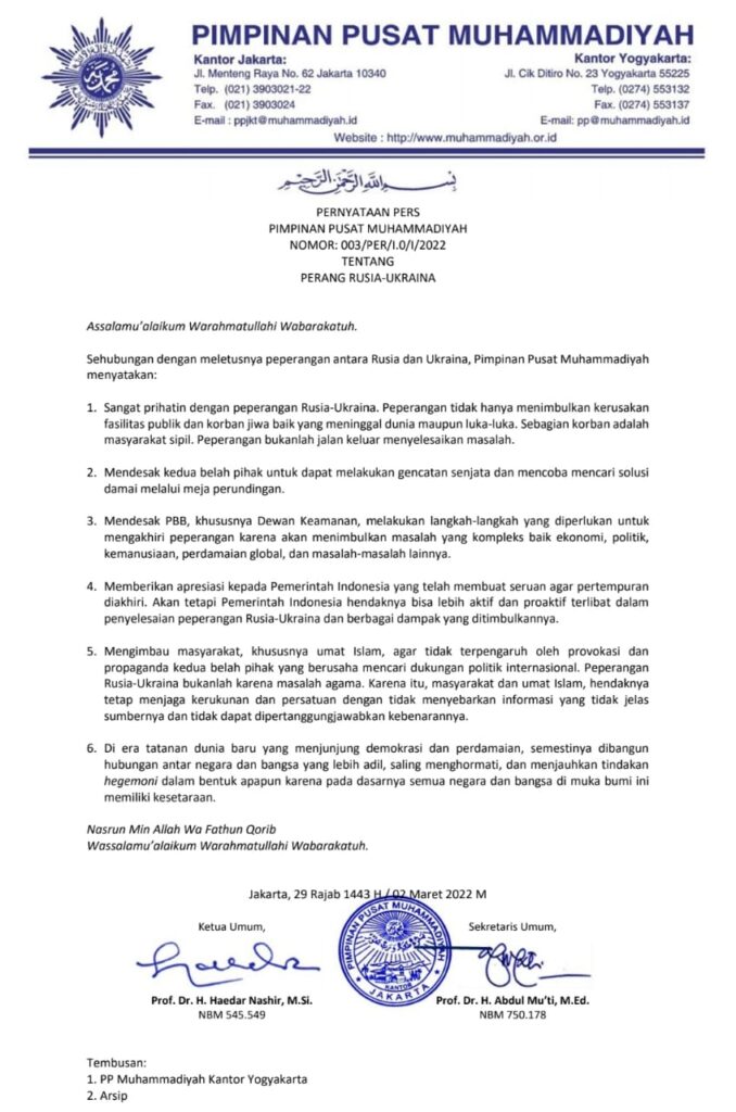 Pernyataan Pers PP Muhammadiyah Tentang Perang Rusia-Ukraina