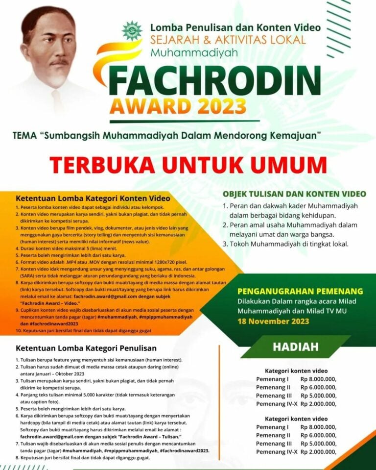Sambut Milad Muhammadiyah, MPI Gelar Lomba Video dan Penulisan Fakhruddin Award 2023