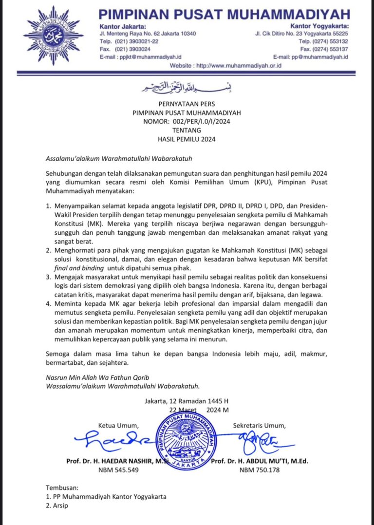 Pernyataan Pers PP Muhammadiyah Tentang Hasil Pemilu 2024
